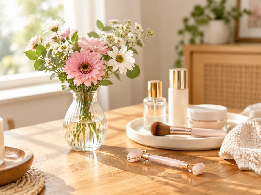 a small vase of fresh flowers beside beauty tools on a warm-lit table