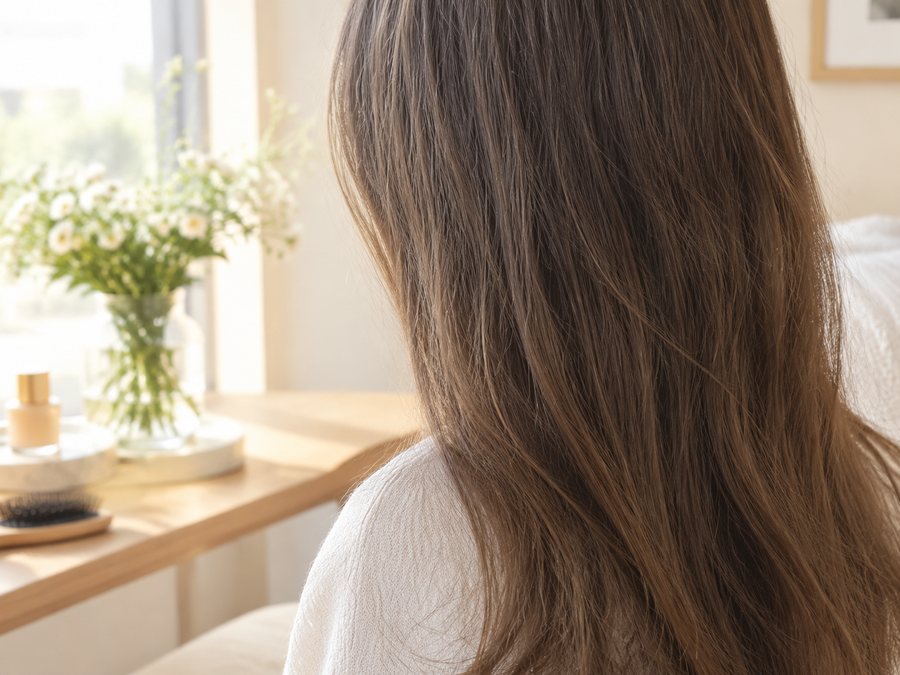 a close, soft-lit view of flat, dull, lifeless hair from the side or back, no face