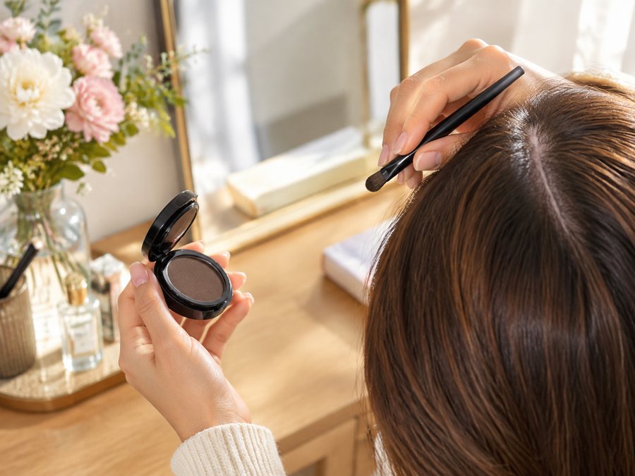 a woman's hands applying root touch-up powder with a fine brush at a mirror, her face out of frame