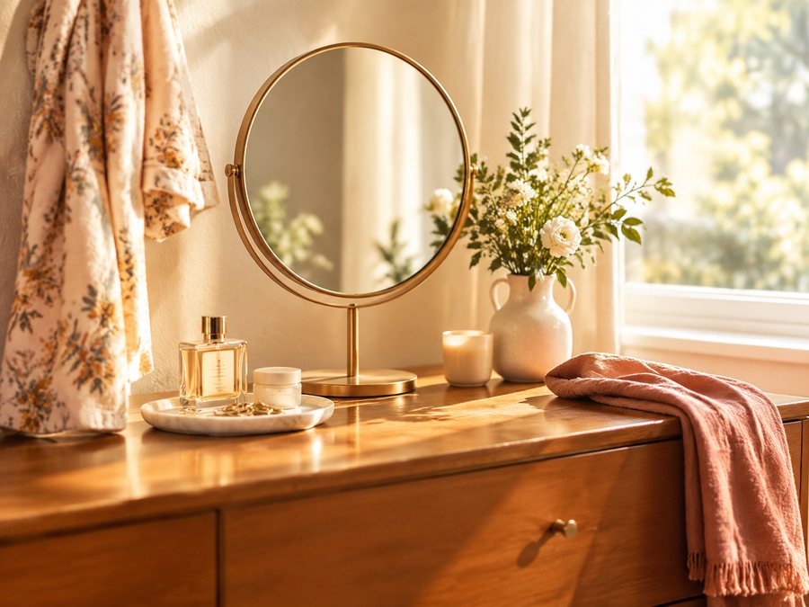 a vanity mirror framed in soft golden window light with a robe or scarf draped nearby, warm and inviting