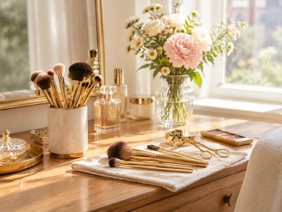 a styled vanity table with makeup brushes and gold-handled beauty tools laid out, a small vase of flowers, soft window light